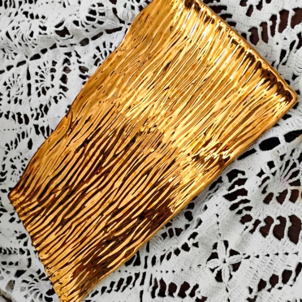 Gold Toned Wave Textured Serving Tray